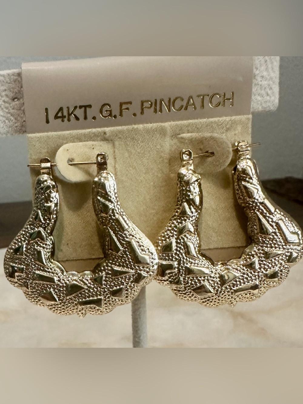 Vintage 14K GF Shrimp Style Textured Hoop Earrings NIP Korea